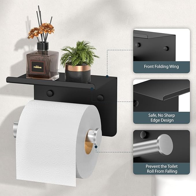 Toilet Paper Holder with Shelf, Adhesive or Screw Wall Mount Toilet Paper Roll Holder for Bathroom, Rustproof 304 Toilet Roll Tissue Holder Dispenser with Phone Shelf (1, Matte Black & Brushed Nickel)