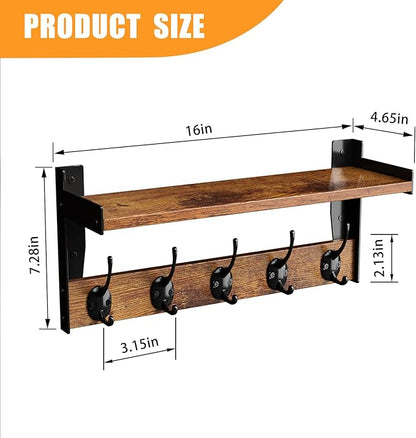 Wall Hooks with Shelf, Wood Coat Rack with Shelf Wall-Mounted, Entryway Hanging Shelves with 5 Metal Hooks for Clothes Hats Towel Purse Robes, Bathroom Mudroom Bedroom, Rustic Brown
