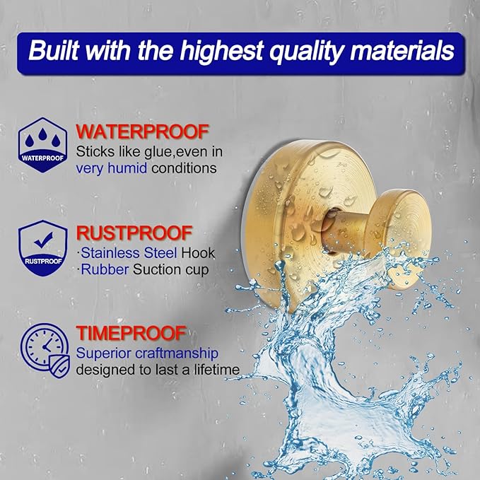 Suction Cup Hooks for Shower, Removable Towel Hooks for Bathroom Window Glass Door Wall, Bath Robe Looafh Hook for Hanging - 4 Pack, Gold