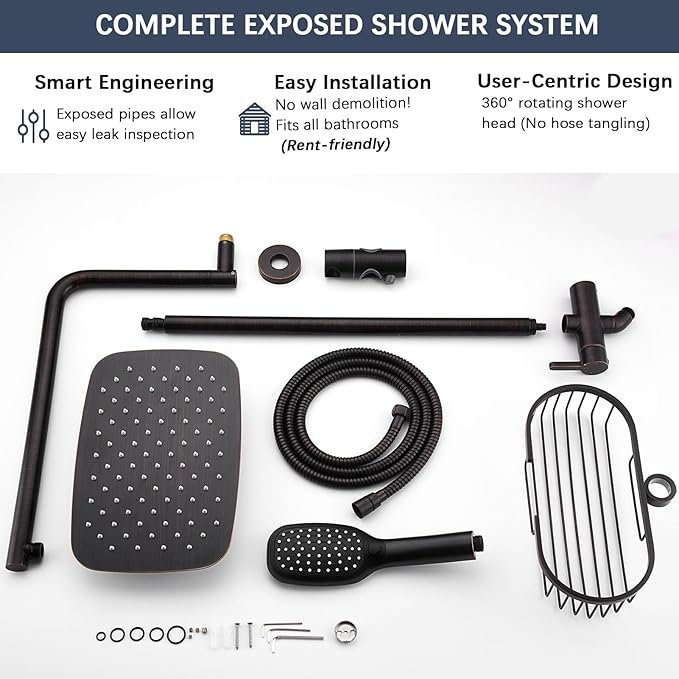 SonTiy 12 Inch Rainfall Shower System with Handheld Spray, High Pressure Rain Shower Head with Jet Spray, Luxury Bathroom Shower Fixtures with Adjustable Slide Bar & Shower Caddy, Oil Rubbed Bronze