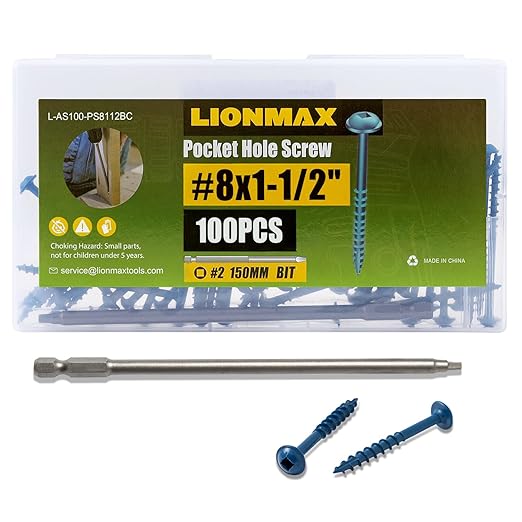 LIONMAX Pocket Hole Screws 1-1/2 Inch, 100 PCS Exterior Pocket Screw #8 x 1-1/2", Coarse Thread, Square Drive, Washer Head, Blue Coated Weather Resistant, 150MM Drive Bit Included