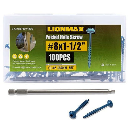 LIONMAX Pocket Hole Screws 1-1/2 Inch, 100 PCS Exterior Pocket Screw #8 x 1-1/2", Coarse Thread, Square Drive, Washer Head, Blue Coated Weather Resistant, 150MM Drive Bit Included