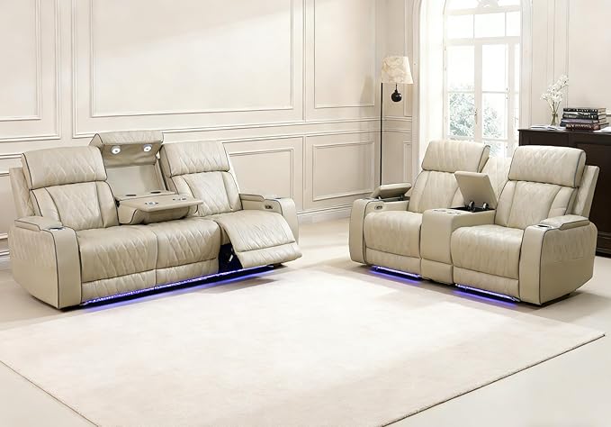 Living Room Furniture Sets with LED, Power Reclining Couch Set for Living Room, Include 1 Loveseat, 3 Seat Sofa, Modern Khaki Leather Recliner Sofa Furniture Set for Home and Office