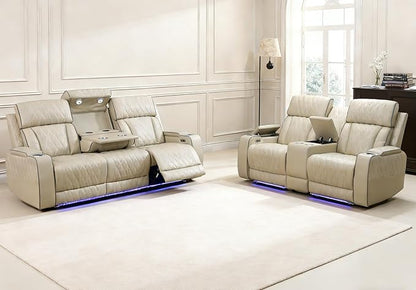 Living Room Furniture Sets with LED, Power Reclining Couch Set for Living Room, Include 1 Loveseat, 3 Seat Sofa, Modern Khaki Leather Recliner Sofa Furniture Set for Home and Office