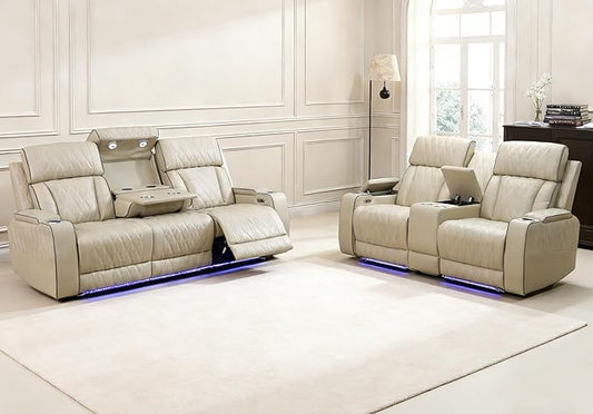 Living Room Furniture Sets with LED, Power Reclining Couch Set for Living Room, Include 1 Loveseat, 3 Seat Sofa, Modern Khaki Leather Recliner Sofa Furniture Set for Home and Office