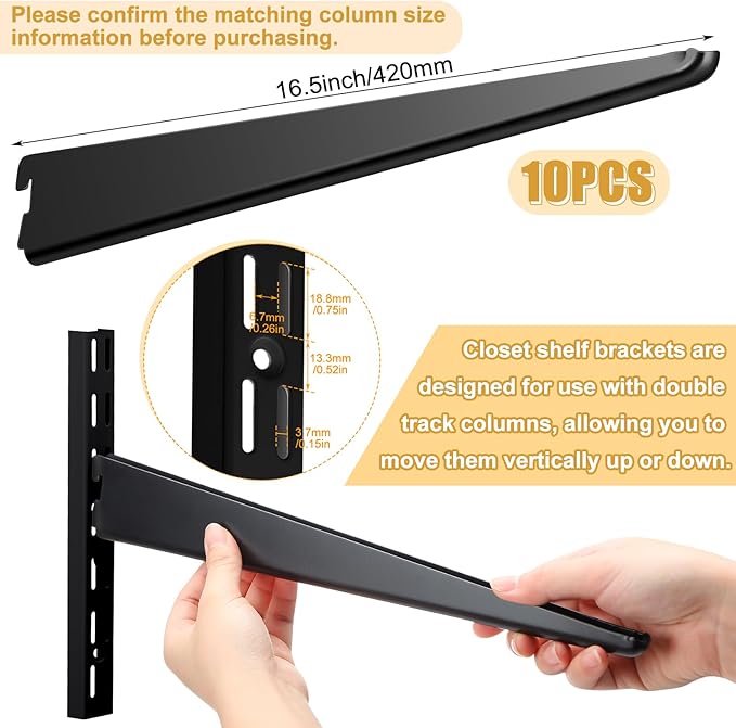 10 Pack Adjustable Shelf Brackets for Double Track System Closet Organization Heavy Duty Wire Shelf Brackets (Black,16.5 Inches)