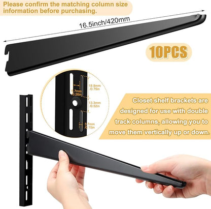 10 Pack Adjustable Shelf Brackets for Double Track System Closet Organization Heavy Duty Wire Shelf Brackets (Black,16.5 Inches)
