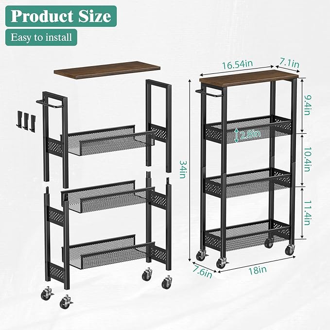 Giwil Slim Rolling Storage Cart 4 Tier Bathroom Organizer Mobile Shelving Unit Utility Cart with Wood Top and Handle for Kitchen Laundry Narrow Places, Black