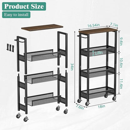 Giwil Slim Rolling Storage Cart 4 Tier Bathroom Organizer Mobile Shelving Unit Utility Cart with Wood Top and Handle for Kitchen Laundry Narrow Places, Black