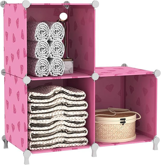UNKU Cube Storage Organizer, 3 Cube Closet Organizer Storage Shelves, DIY Stackable Bookcase, Clothes Organizer Shelf for Closet, Bedroom, Living Room, Cabinet, Home, Office, Pink