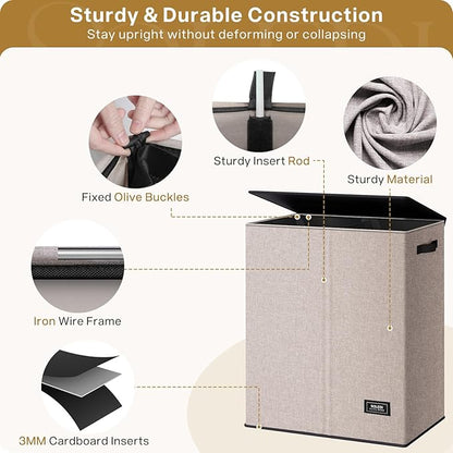 SOLEDI Large Double Laundry Hamper with Lid, Collapsible Clothes Hamper 2 section with Removable Bags, Space-Saving Laundry Basket for Bedroom, Dorm, College