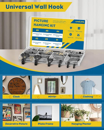 Uniclife 152 Pcs Picture Hanging Kit, 10 lb, 20 lb, 30 lb, 50 lb, 75 lb, 100 lb Heavy Duty Picture Hangers for Drywall & Wood, Picture Hanging Hooks for Hanging Photos Mirrors Paintings,Black