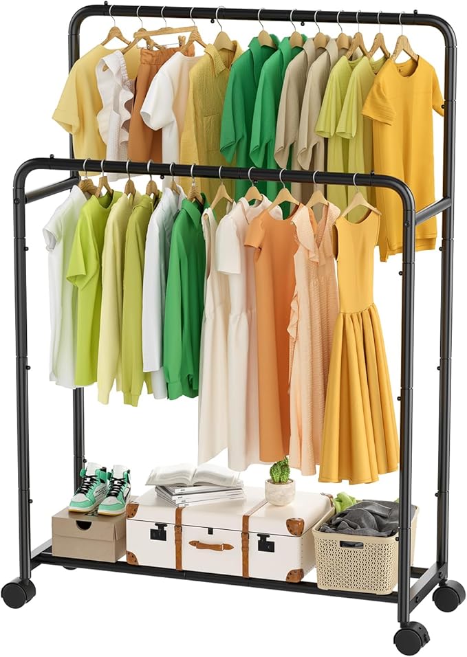 Simple Trending Clothing Clothes Rack Double Rods with Wheels, Rolling Metal Garment Rack for Hanging, Black