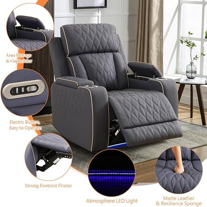 Blue Grey Leather Power Recliner Chairs, Two Reclining Sofa Chairs with Comfortable Armrest and Backrest, Living Room Furniture Sets with LED Home Theater Seating for Living Room, Bedroom