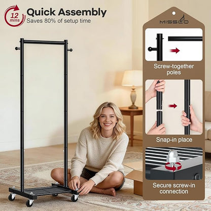 MISSLO Small Clothes Racks for Hanging Clothes Clothing Rack with Wheels 60" Metal Garment Rack with Shelves Portable Rolling Wardrobe Rack for Small Space, Black