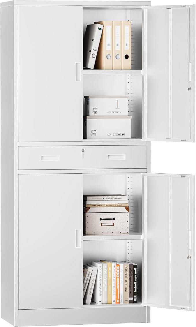 Metal Storage with 1 Drawer, 71" Cabinet with 4 Locking Doors and 2 Adjustable Shelves, Steel Storage File Cabinet for Pantry, Kitchen, Office, Garage (White)