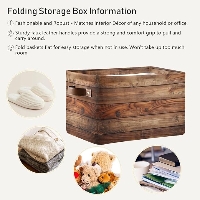 Wood Print (Not Real Wood) Rectangular Retro Vintage Storage Basket Organizer Bin Shelf Baskets For Clothes Gifts For Home Office Dorm