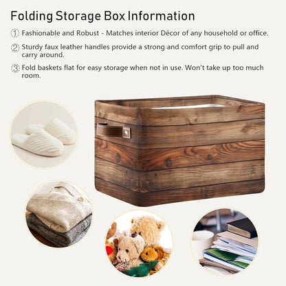 Wood Print (Not Real Wood) Rectangular Retro Vintage Storage Basket Organizer Bin Shelf Baskets For Clothes Gifts For Home Office Dorm