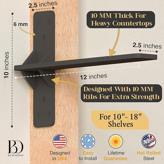 12 inch Floating Countertop Support Brackets by Balin Designs, Free hanging Floating Shelf Brackets Heavy Duty, Invisible Wall Shower Bench T Support for Vanities, Granite Countertops, (2 pack)
