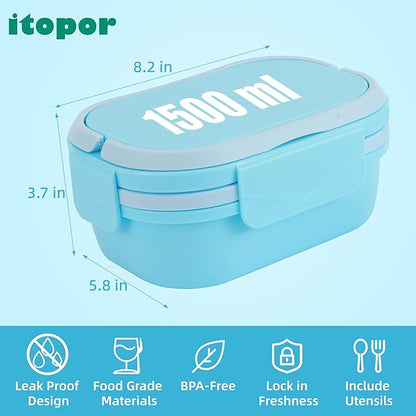 Leakproof Lunch Box, Drop-Proof Bento Box for Kids & Adults, BPA-Free Lunch Containers with Sleek Handles & Utensils, Microwave & Dishwasher Safe (Blue)