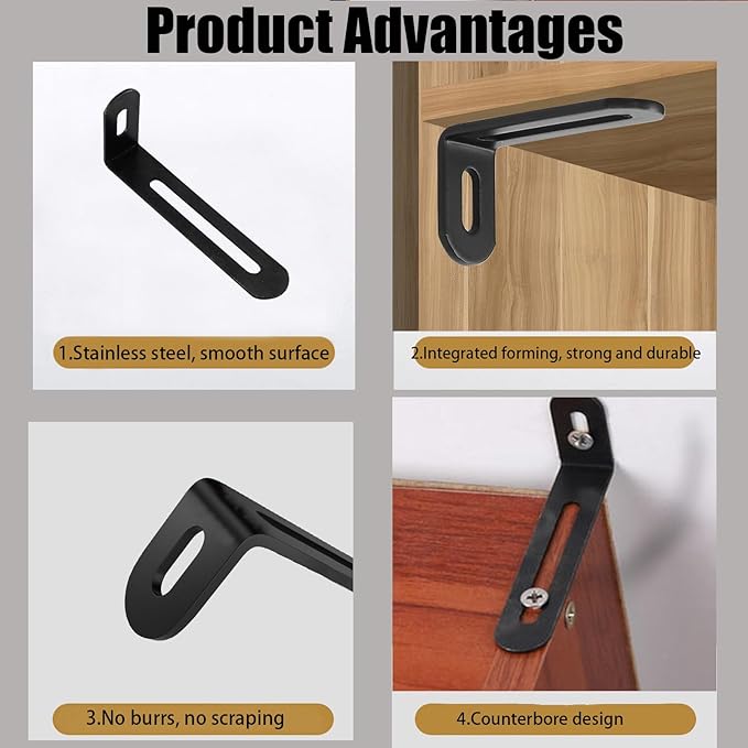2.6"x1.3"x0.6"Adjustable Right Angle Brackets Metal L Bracket Heavy Duty 90 Degree Corner Fastener L-Shape Corner Brace Support Black Shelf Bracket , 10Pcs