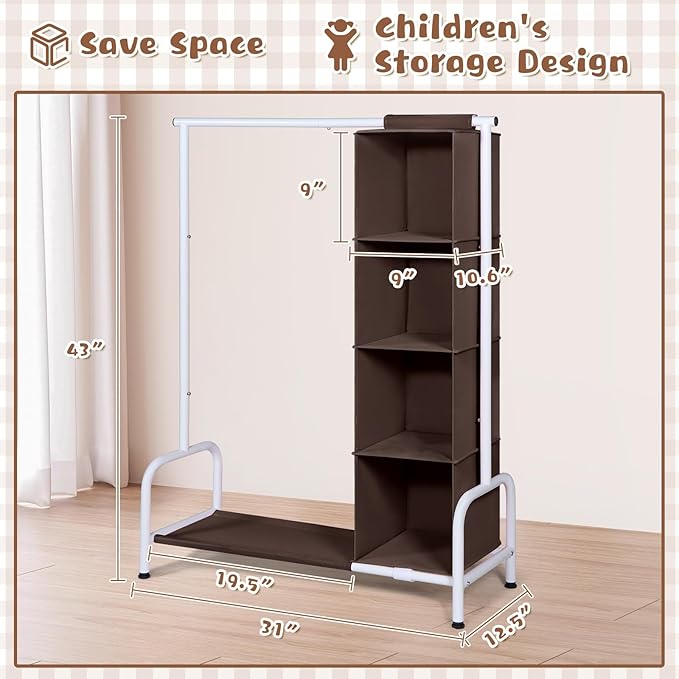 Univivi Kids Clothing Rack with Hanging Organizer, Short Toddler Dress Up Storage Rack for Hanging Clothes, Kids Wardrobe Closet for Baby Clothes, Dance Costumes, Brown/White