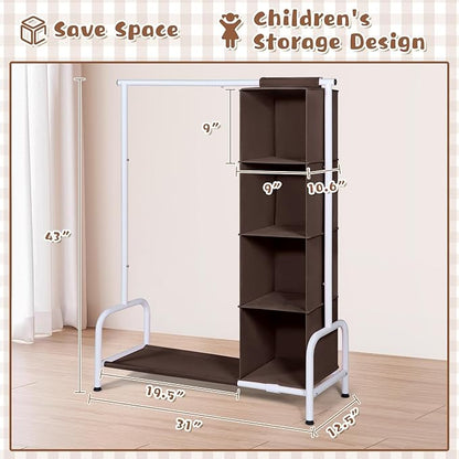 Univivi Kids Clothing Rack with Hanging Organizer, Short Toddler Dress Up Storage Rack for Hanging Clothes, Kids Wardrobe Closet for Baby Clothes, Dance Costumes, Brown/White