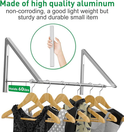 Laundry Room Drying Rack Wall Mounted Clothes Hanger Folding Wall Coat Racks Aluminum Home Storage Organiser Space Savers Silver 2 Rakcs with Rod