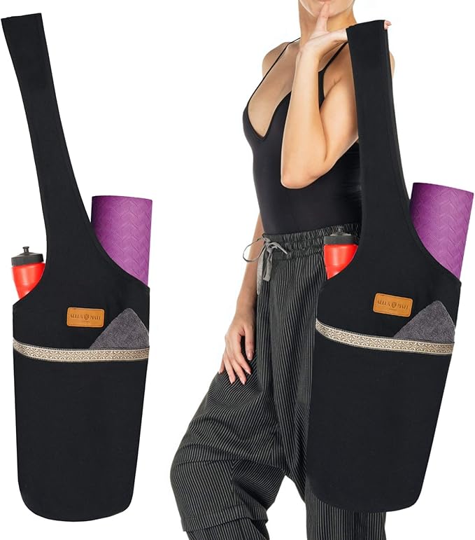 ALLEN & MATE 100% Cotton Yoga Mat Bag for Women and Men, Large Pocket with Zipper Storage, Shoulder Strap Carrier for Yoga and Pilates Mats