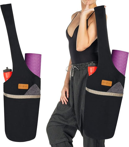 ALLEN & MATE 100% Cotton Yoga Mat Bag for Women and Men, Large Pocket with Zipper Storage, Shoulder Strap Carrier for Yoga and Pilates Mats