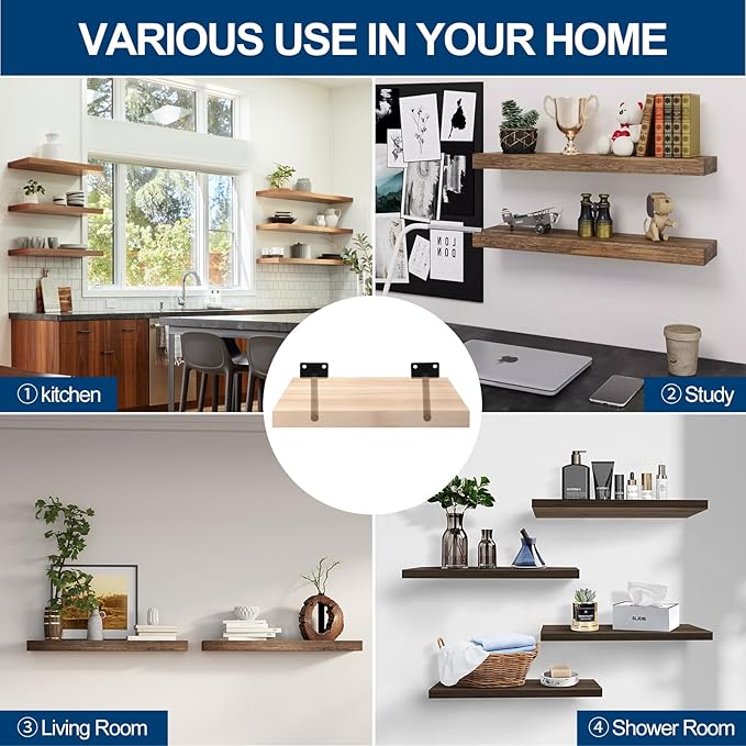 8 Pcs 4" Black Solid Steel Floating Shelf Bracket Blind Shelf Supports - Hidden Brackets for Floating Wood Shelves - Concealed Blind Shelf Support – Screws and Wall Plugs Included