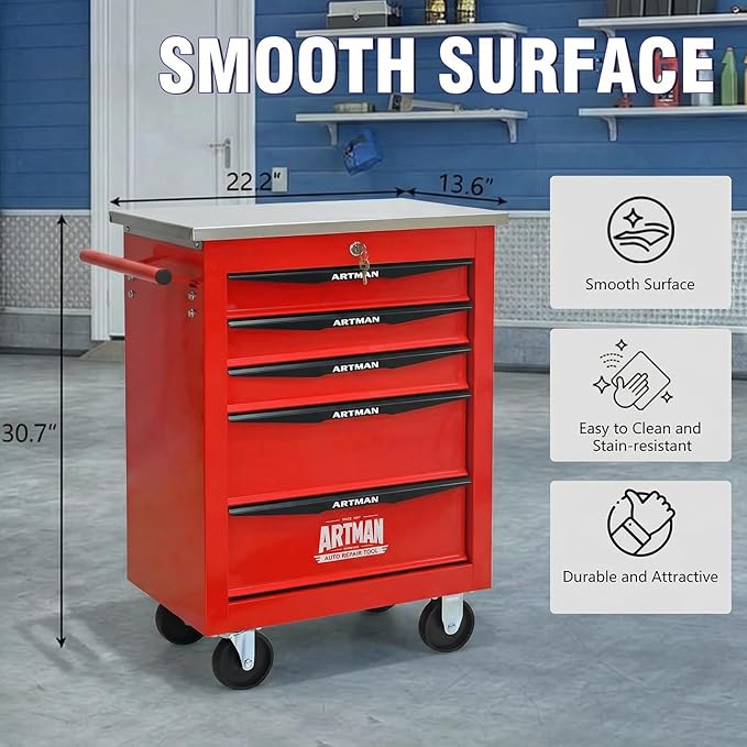 5-Drawer Rolling Tool Chest with Stainless Steel Countertop,Tool Chest with Secure Locking System,Mobile Storage Tool Cabinet with 360°Wheels and Padded Feet,for Home,Garage (Red)