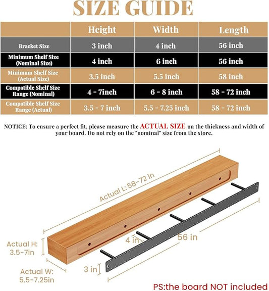 1 Pack Large Shelf Brackets Long Floating Shelf Bracket Invisible Floating Shelf Hardware Heavy Duty Floating Mantel Brackets(56"X4"X3")