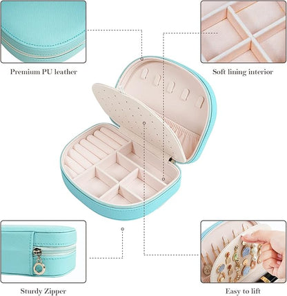 ProCase Travel Size Jewelry Box, Medium Portable Seashell-Shaped Jewelry Case, 2 Layer Jewelry Organizer in PU Leather for Women -Blue