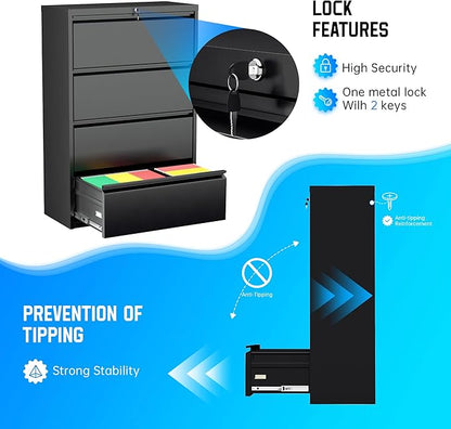 Greenvelly 4 Drawer Lateral File Cabinet with Lock, Black Locking Lateral Filing Cabinet with Drawers, Office Metal File Cabinets for Legal Letter Size with Keys and Hanging Frame