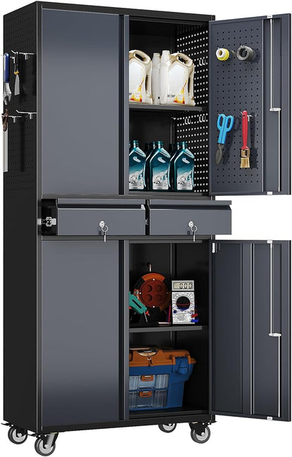 Garage Storage Cabinet with Wheels and 2 Drawers, Locking Metal Storage Cabinet with 2 Adjustable Shelves and 4 Doors for Garage, Home, Assembly Required, Black and Dark Gray