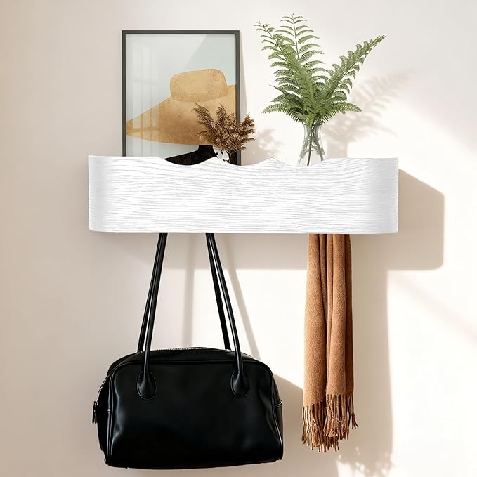 Wall Coat Rack Floating Shelves Modern Coat Rack Wall Mount with Storage Entryway Shelf Wooden Hanger 20 Inch 4 Hidden Metal Hooks for Living Room Bedroom (Wavy White, 4 Hooks)