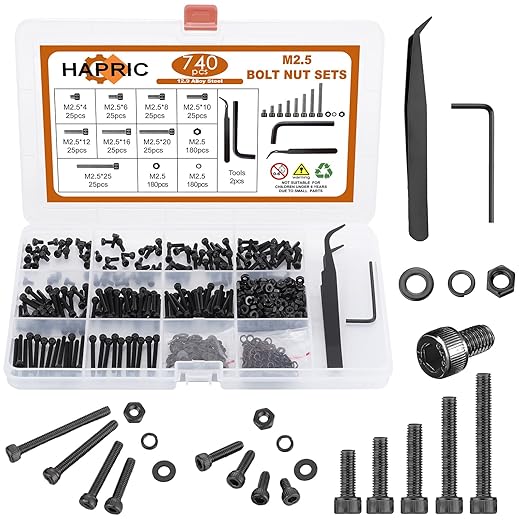 740 Pcs M2.5 Screws Kit M2.5 Screw Assortment Nuts and Bolts Assortment Kit Metric Machine Screw Kit, 12.9 Alloy Steel Black Zinc Plated Hex Socket Head Screws Nuts Bolts and Washers Set