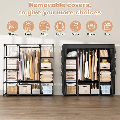 Portable Closet for Hanging Clothes 57.3 Inch Large Capacity Wardrobe Closet with Cover, 8 Pockets and 1 Hanging Rod, Easy Assembly Closet Organizer for Bedroom, Black