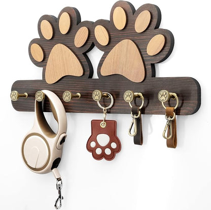 MTERSN Farmhouse Key Holder for Wall - Decorative Dog Leash Hanger Wall Mounted and Coat Rack with 6 Unique 3D Pet Claw Hooks - Dog Accessories Organizer for Rustic Home Decor (Dark Brown)