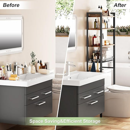 Over-The-Toilet Storage Rack, 4-Tier Bathroom Organizer Shelf Over Toilet with Adjustable Shelf and Basket, Freestanding Space Saver Bathroom Shelves Above Toilet for Room (Vintage Brown)