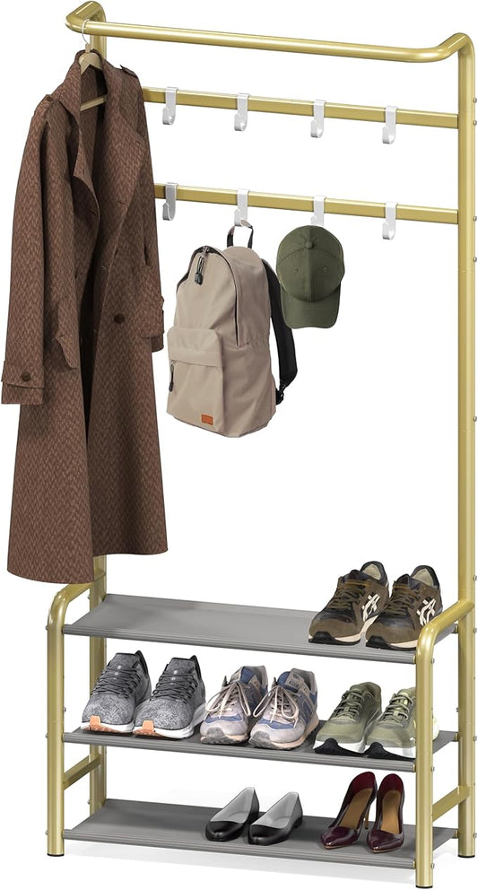 Simple Houseware Coat Rack with Storage Shelf, Freestanding Hall Tree with Hooks for Entryway, Bedroom, Office, Black Metal Clothes Hanger Stand for Coats, Hats, Jackets, Bags - Champagne Gold
