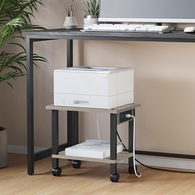 TUTOTAK 2 Tier Printer Stand, Rolling Printer Cart with Power Outlets and USB Ports, Mobile Printer Table with Wheels, for Under Desk, Office, Home, Greige PS01BG001