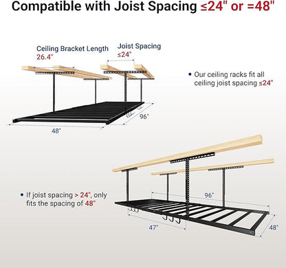 FLEXIMOUNTS 4x8 Overhead Garage Storage Rack with 6 Hooks, Adjustable Storage Organization System, Heavy-Duty Metal Ceiling Racks, 22.6" -39.4" Ceiling Dropdown, 2 Pack, Black, Lite Series