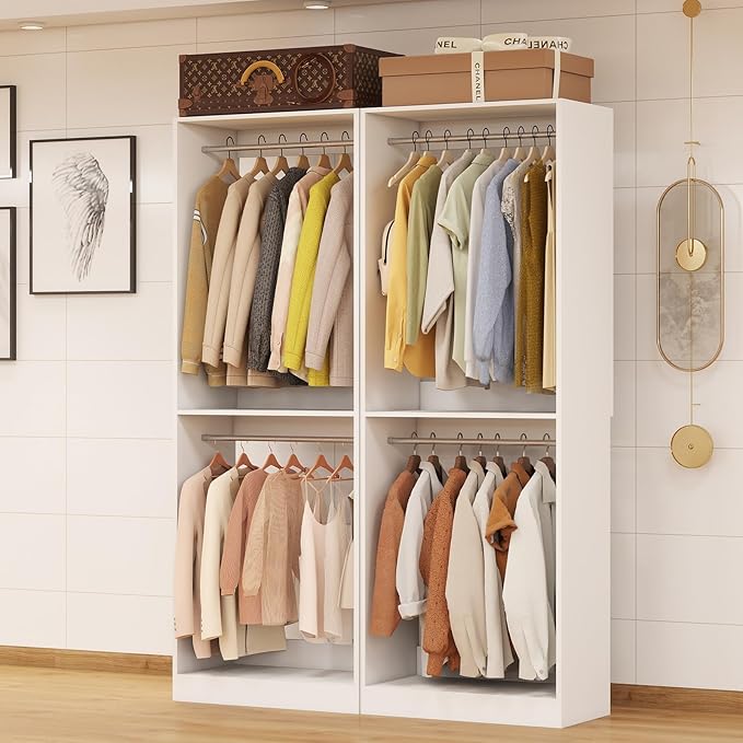 Closet System, 4FT Wood Closet Organizer System Small Walk-in Closet Freestanding Corner Closets Shelf Storage with 6 Hanging Rods, Modular Closet Systems White (4FT)