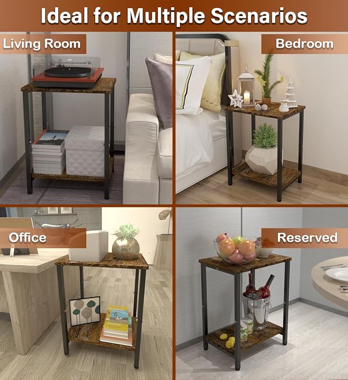 2 Tier Side Table, Heavy Duty End Table with Shelves, Narrow nightstand Table for Small Spaces, Record Player Table for Bedroom, Living Room, Sofa Couch - Rustic Brown & Black