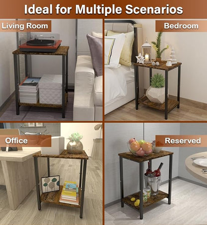2 Tier Side Table, Heavy Duty End Table with Shelves, Narrow nightstand Table for Small Spaces, Record Player Table for Bedroom, Living Room, Sofa Couch - Rustic Brown & Black