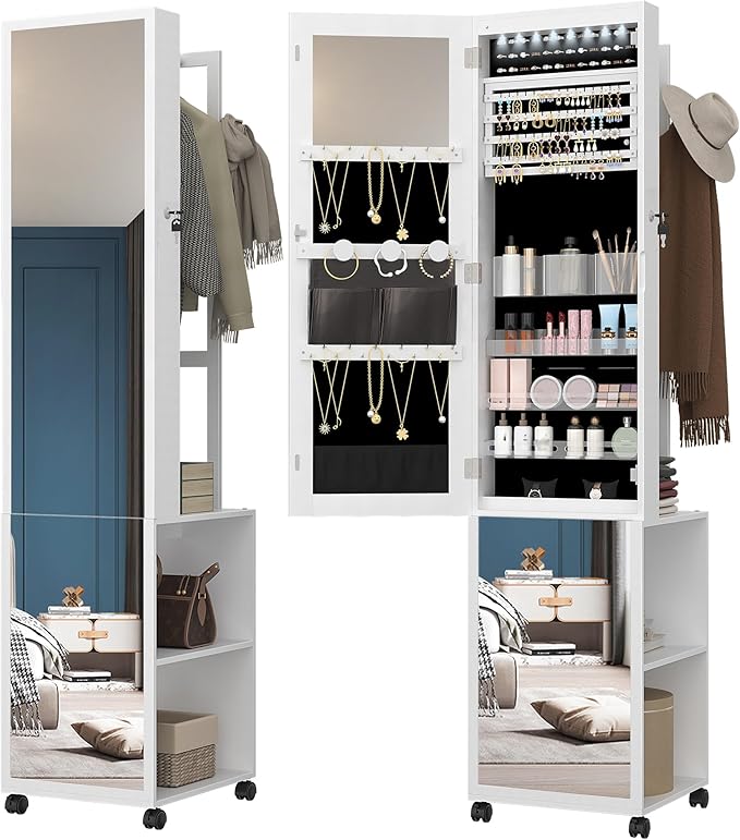 8 LEDs Jewelry Cabinet Armoire, 66.9-inch Jewelry Organizer with Garment Rack, Lockable Full-length Mirror with 4 Wheels, Storage Shelves with Hooks, 5-in-1, White and Beige JC17003B