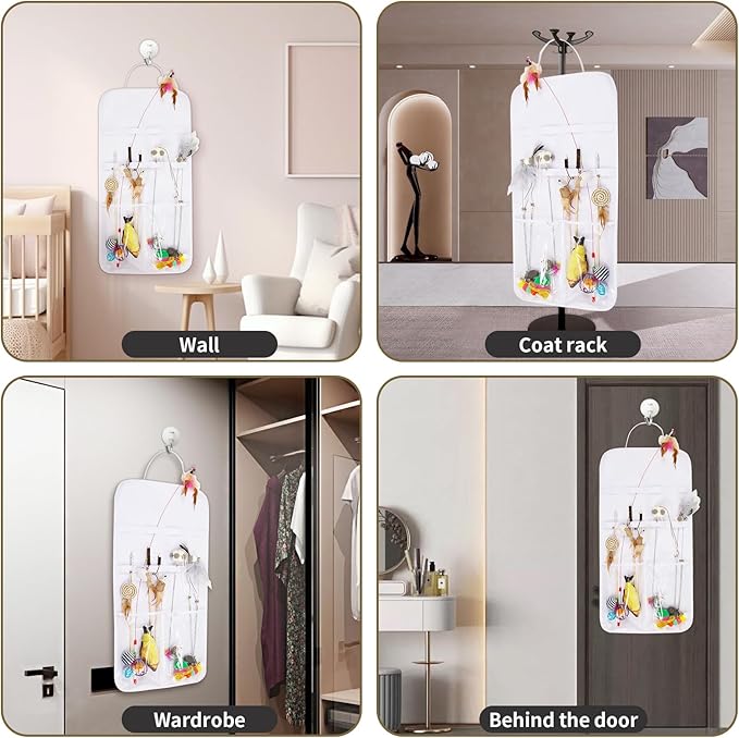 Cat Wand Toy Storage Hanging Bag,High Capacity Cat Wand Toy Storage Bag, Indoor Cat Toy Storage Organizer,Lightweight Pet Toy Storage Bag for Neatly Organizing Teaser Wand Toys,Keep Home Tidy(White)