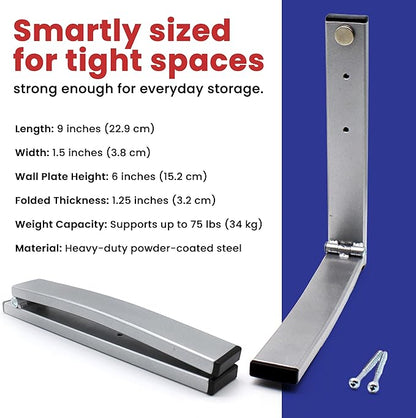 EZ Folding Bracket Large (13 Inch) 1PK Heavy Duty Folding Shelf Bracket - Single Collapsible Wall Mount Bracket, 75 lbs Capacity, Patented Space-Saving Design, Hanger for Garage, Basement